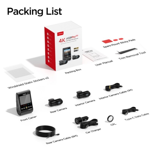 VIOFO A229 Pro 3CH 4K, 2K, 1080p Dash Camera with Sony STARVIS 2 for Rideshare Drivers