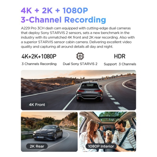 VIOFO A229 Pro 3CH 4K, 2K, 1080p Dash Camera with Sony STARVIS 2 for Rideshare Drivers
