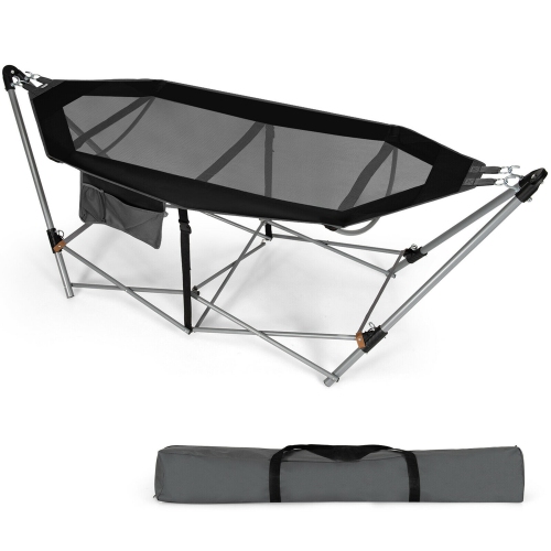 GYMAX  Folding Hammock Indoor & Outdoor Hammock With Side Pocket & Iron Stand