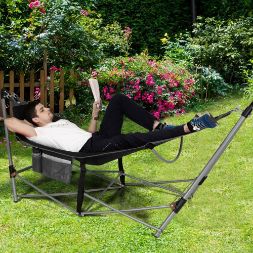 Gymax Folding Hammock Indoor & Outdoor Hammock with Side Pocket & Iron Stand