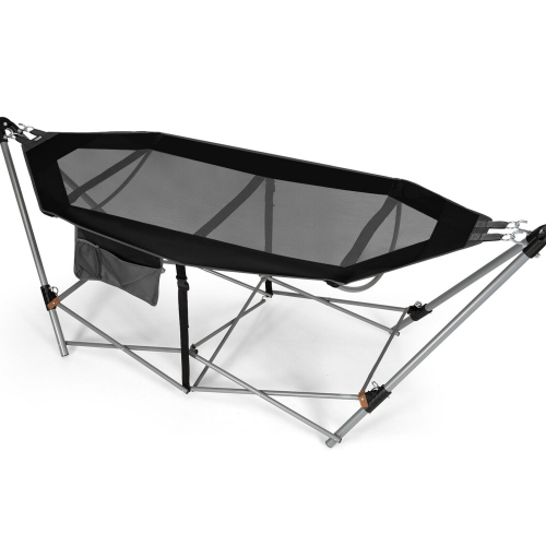 Gymax Folding Hammock Indoor & Outdoor Hammock with Side Pocket & Iron Stand
