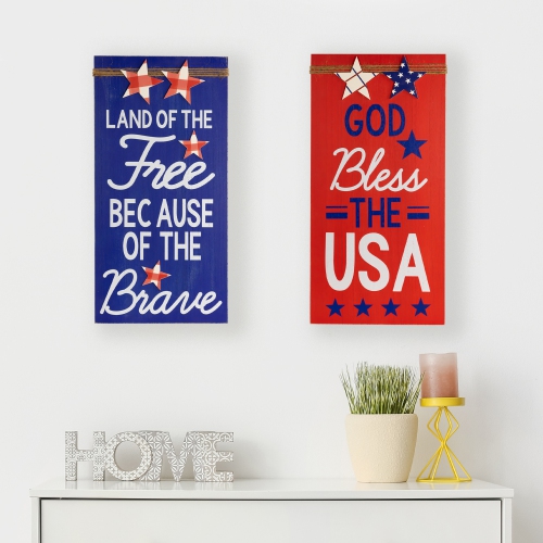 God Bless the USA and Land of the Free Patriotic Wooden Plaques - 23.5" - Set of 2