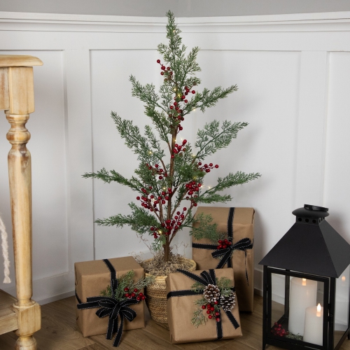 Pre-Lit Berries and Pine Artificial Potted Christmas Tree - 3' - Warm White LED Lights