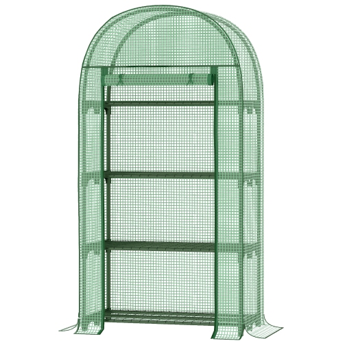 Mini-serre Outsunny à 4 étages, maison verte avec tablettes de rangement pour l'extérieur, porte à fermeture à glissière, cadre en acier et couvercle