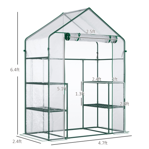 Outsunny 3-Tier Mini Greenhouse, Walk-in Greenhouse, Garden Hot House with 4 Shelves, Roll-Up Door and Weatherized Cover, 56" x 29" x 77", Clear