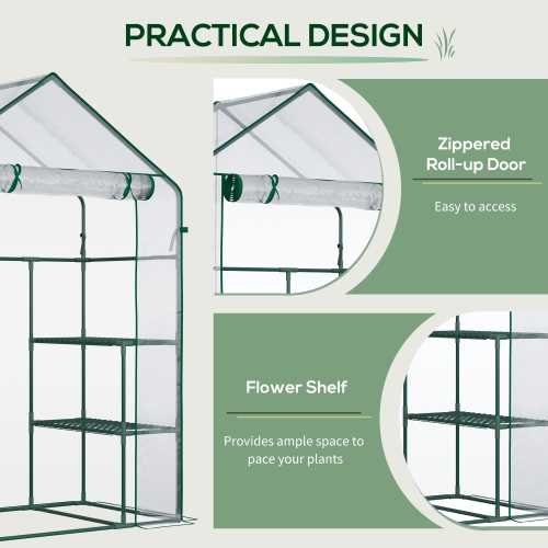 Outsunny 3-Tier Mini Greenhouse, Walk-in Greenhouse, Garden Hot House with 4 Shelves, Roll-Up Door and Weatherized Cover, 56" x 29" x 77", Clear