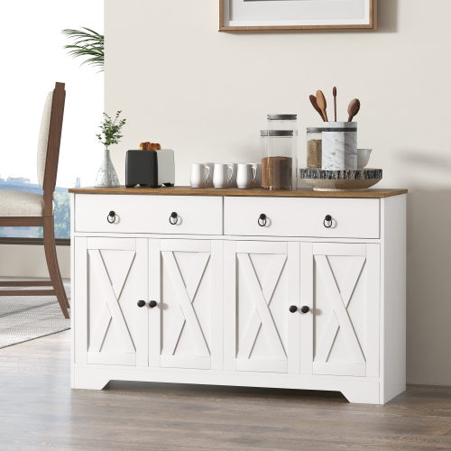 HOMCOM – Buffet avec rangement, armoire de cuisine de 48&nbsp;po avec 2 tiroirs et 4 portes de grange, armoire de bar à café Farmhouse, blanc