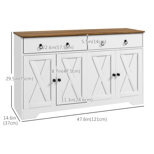 HOMCOM – Buffet avec rangement, armoire de cuisine de 48&nbsp;po avec 2 tiroirs et 4 portes de grange, armoire de bar à café Farmhouse, blanc