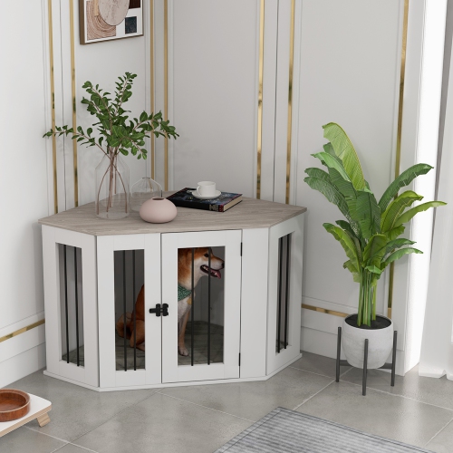 PawHut – Meuble pour cage de chien de 41&nbsp;po, table de bout en coin pour chiens moyens et petits, cage pour chiens d'intérieur avec coussin,