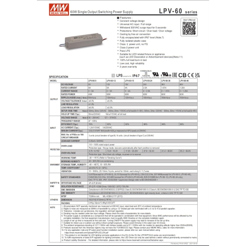 Meanwell Driver LPV-60-12, 12VDC, 60W Single Output Power Adapter