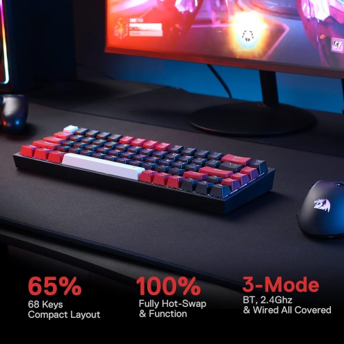 65% 3-Mode Wireless RGB Gaming Keyboard, 68 Keys Hot-Swappable Compact Mechanical Keyboard w/Hot-Swap Socket & Translucent Board, Custom Quiet Linear