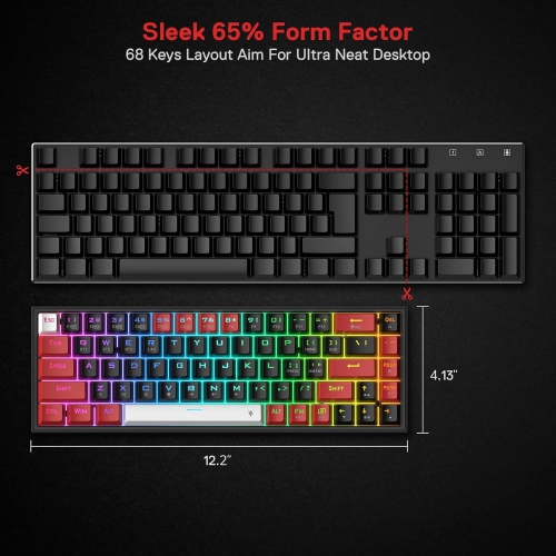 65% 3-Mode Wireless RGB Gaming Keyboard, 68 Keys Hot-Swappable Compact Mechanical Keyboard w/Hot-Swap Socket & Translucent Board, Custom Quiet Linear