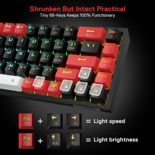 65% 3-Mode Wireless RGB Gaming Keyboard, 68 Keys Hot-Swappable Compact Mechanical Keyboard w/Hot-Swap Socket & Translucent Board, Custom Quiet Linear