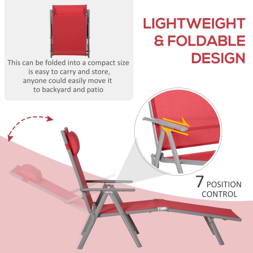 Outsunny Heavy-duty Adjustable Folding Reclining Chair Outdoor Sun Lounger Patio Chaise Lounge Garden Beach Gravity Lounge with Pillow, 7 Adjustable