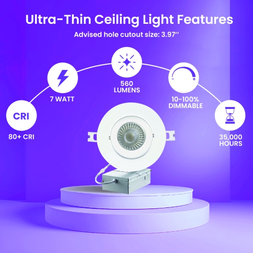 Strak Led White 4-inch Integrated Panel with Gimbal 5000K, 10 watts -700 Lumens, IC Rated (damp rated), Dimmable, LED Recessed Light Kit with