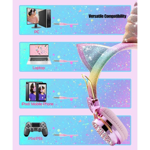 Casque d'écoute serre-tête confortable – conception licorne rose avec limitation du volume, haut-parleurs minces et serre-tête élastique