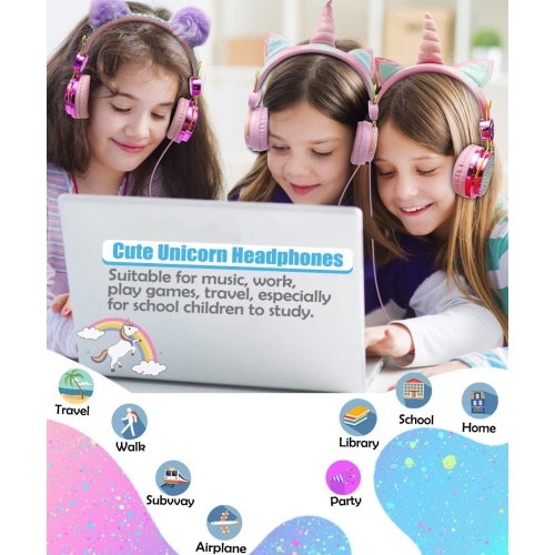 Casque d'écoute serre-tête confortable – conception licorne rose avec limitation du volume, haut-parleurs minces et serre-tête élastique