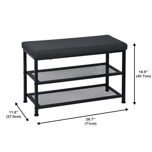 ITY International - Metal Bench with Shoe Storage, Padded Seat, Black