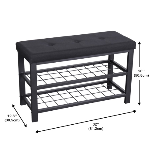 ITY International - Metal Bench with Shoe Storage, Padded Seat, Black