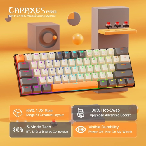 65% 3-Mode Wireless RGB Gaming Keyboard, 61 Keys Hot-Swappable Compact Mechanical Keyboard w/Upgrade Hot-Swap PCB Socket & Creative 1.2X Larger Size,