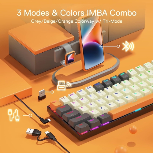 65% 3-Mode Wireless RGB Gaming Keyboard, 61 Keys Hot-Swappable Compact Mechanical Keyboard w/Upgrade Hot-Swap PCB Socket & Creative 1.2X Larger Size,