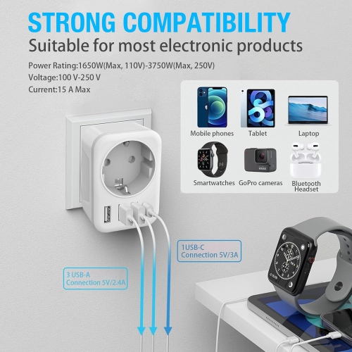 Travel Adaptor Canada/USA Adapter with 3 USB + 1 Type C 5-in-1 USA Adapter Socket Type B, Adapter USA Germany/EU Plug Socket Adapter Travel Plug