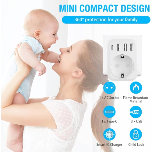 Travel Adaptor Canada/USA Adapter with 3 USB + 1 Type C 5-in-1 USA Adapter Socket Type B, Adapter USA Germany/EU Plug Socket Adapter Travel Plug