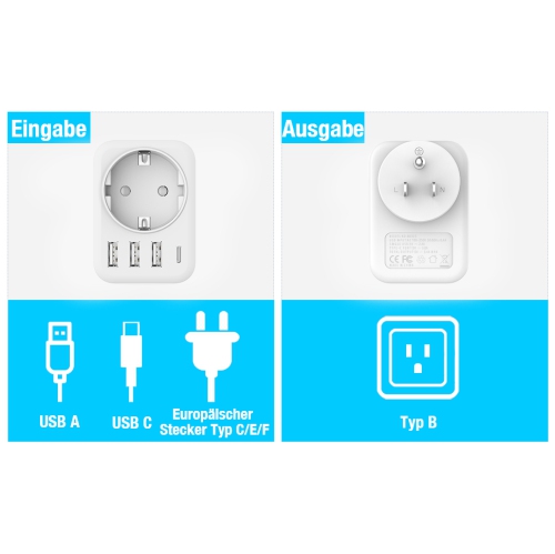 Travel Adaptor Canada/USA Adapter with 3 USB + 1 Type C 5-in-1 USA Adapter Socket Type B, Adapter USA Germany/EU Plug Socket Adapter Travel Plug
