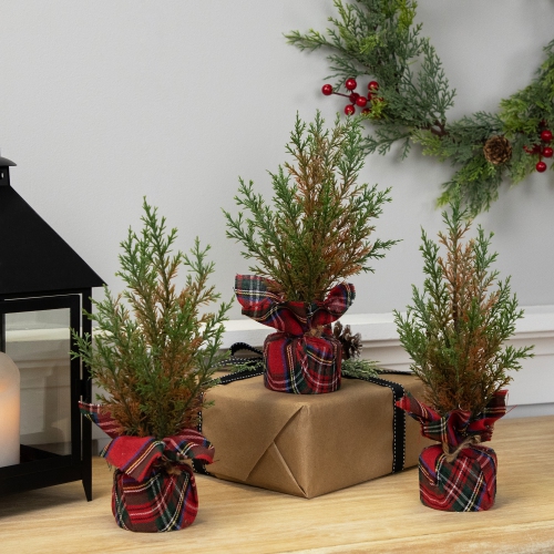 Mini Cedar Artificial Christmas Trees - 10" - Set of 3