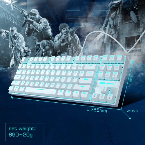 White Mechanical Gaming Keyboard, LED Backlit Keyboard Compact 87 Keys TKL Wired Computer Keyboard with Blue Switches for Windows Laptop Gaming PC