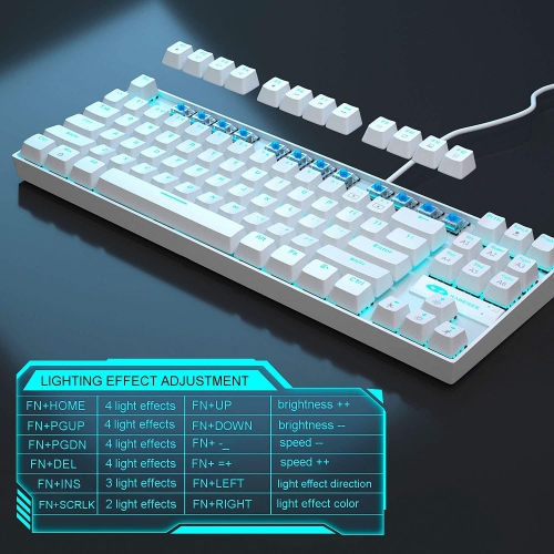 White Mechanical Gaming Keyboard, LED Backlit Keyboard Compact 87 Keys TKL Wired Computer Keyboard with Blue Switches for Windows Laptop Gaming PC