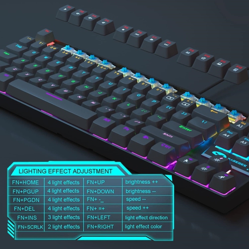 Black Mechanical Gaming Keyboard, Rainbow LED Backlit Keyboard Compact 87 Keys TKL Wired Computer Keyboard with Blue Switches for Windows Laptop