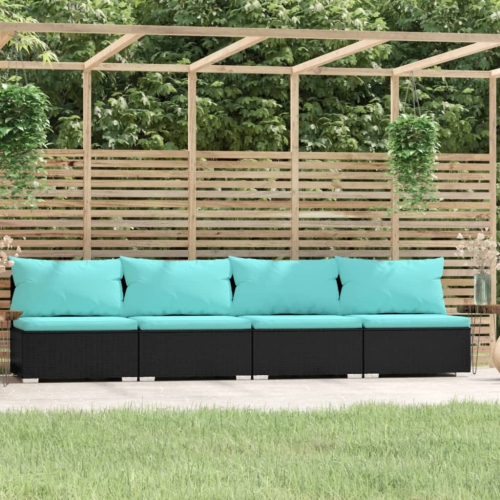 VIDAXL  4-Seater Sofa With Cushions Black Poly Rattan