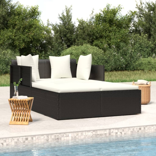 vidaXL Sunbed with Cushions Black 182x118x63 cm Poly Rattan