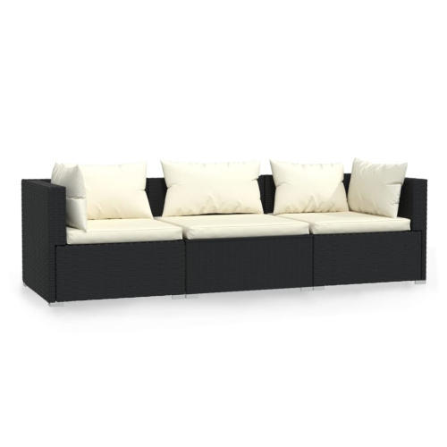 Sofa à 3 places avec coussins en rotin de polyester noir vidaXL
