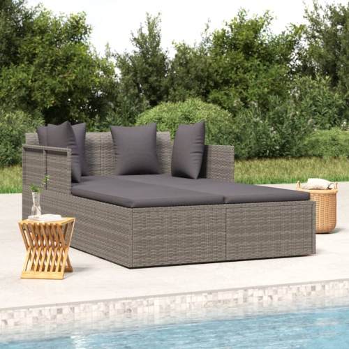 vidaXL Sunbed with Cushions Grey 182x118x63 cm Poly Rattan