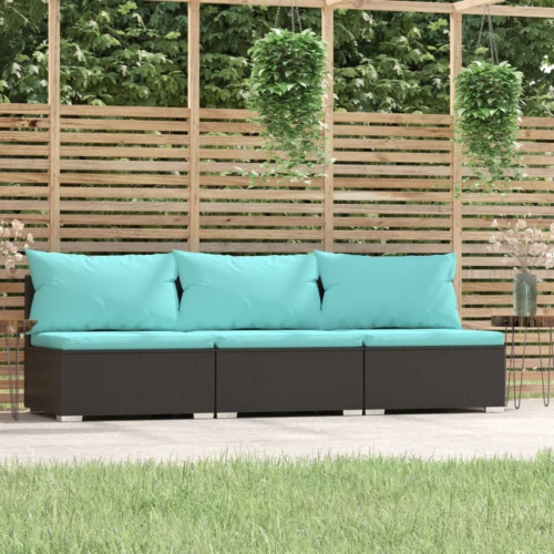 VIDAXL  3-Seater Sofa With Cushions Black Poly Rattan