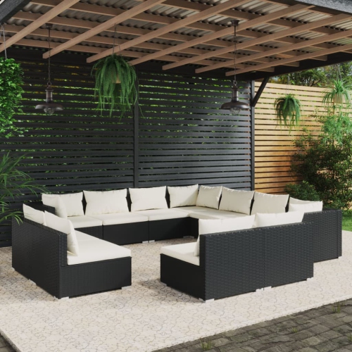 Ensemble de salon de jardin de 11 pièces avec coussins en poly rotin noir de vidaXL