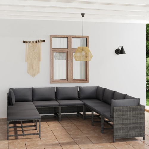 vidaXL 9 Piece Garden Lounge Set with Cushions Poly Rattan Grey