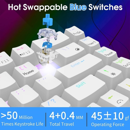 Wired 65% RGB Backlit Ultra-Compact 60% Layout 68 Keys Gaming Keyboard, Hot Swappable Keyboard with Stand-Alone Arrow/Control Keys, Blue Switch, White