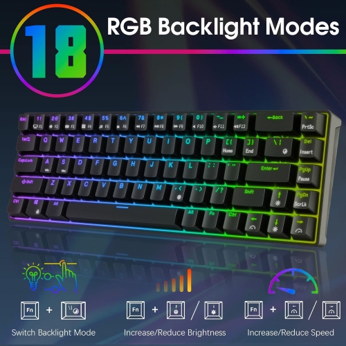 Wired 65% RGB Backlit Ultra-Compact 60% Layout 68 Keys Gaming Keyboard, Hot Swappable Keyboard with Stand-Alone Arrow/Control Keys, Blue Switch, Black