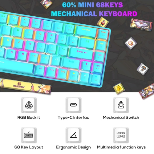 Mechanical Gaming Keyboard Mini Compact Wired 18 Chroma RGB Backlit Anime PBT Keycaps Portable Full 68 Keys Anti-ghosting Compatible with PS4, PS5,
