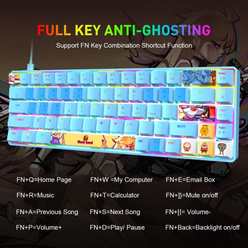 Mechanical Gaming Keyboard Mini Compact Wired 18 Chroma RGB Backlit Anime PBT Keycaps Portable Full 68 Keys Anti-ghosting Compatible with PS4, PS5,