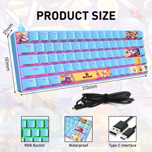 Mechanical Gaming Keyboard Mini Compact Wired 18 Chroma RGB Backlit Anime PBT Keycaps Portable Full 68 Keys Anti-ghosting Compatible with PS4, PS5,
