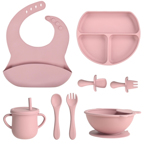 LIVINGBASICS  8 Pack Silicone Baby Feeding Set, Bpa Free Baby Weaning Supplies - In Pink