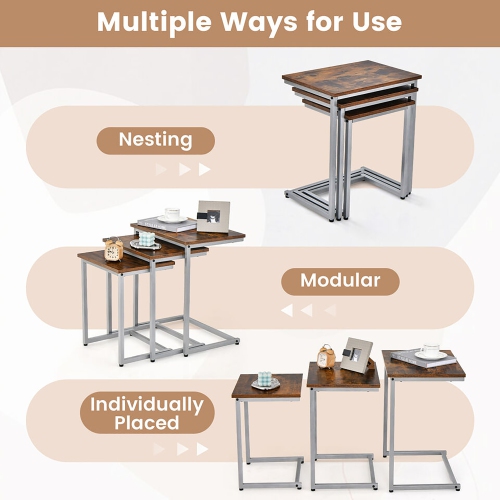 Gymax 3 Pcs Nesting Coffee End Table Set Stacking Side Nightstand Living Room