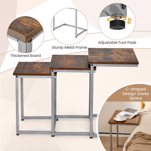 Gymax 3 Pcs Nesting Coffee End Table Set Stacking Side Nightstand Living Room