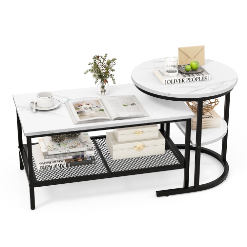 GYMAX  Nesting Coffee Table Set Of 2 Faux Marble Top Detachable W/ Storage Shelf