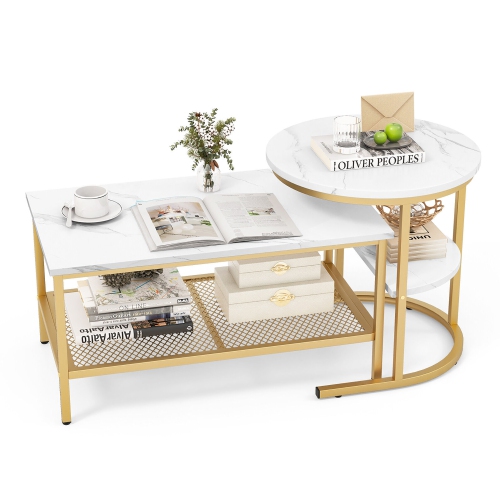 Gymax Nesting Coffee Table Set of 2 Faux Marble Top Detachable w/ Storage Shelf
