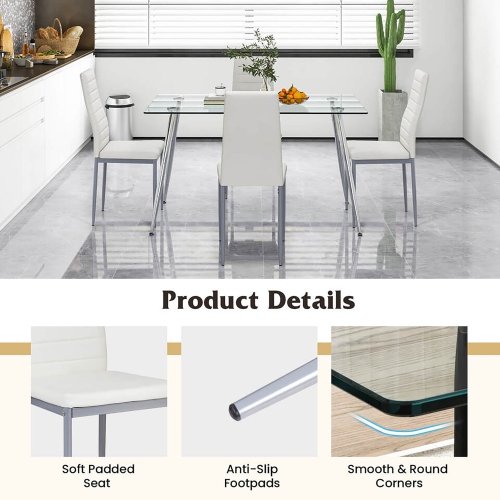 Gymax 5 PCS 51'' Rectangle Dining Set 0.3'' Thick Glass Table w/ 4 Padded Dining Chairs